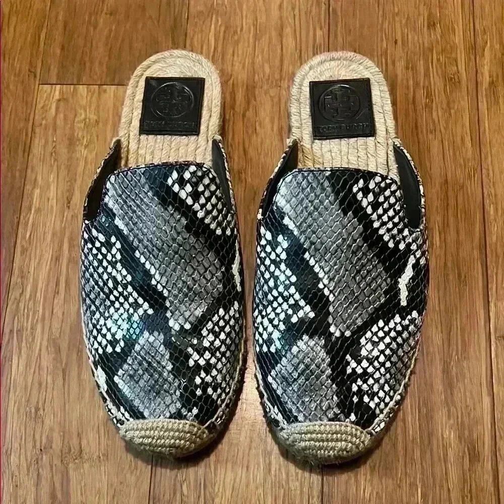 Tory Burch Black and White Snake Print Espadrilles